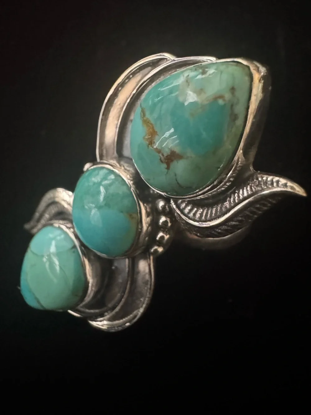 Genuine Turquoise Stone Sterling Silver statement ring- Blue Green Teardrop Trio